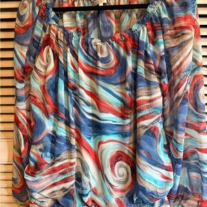 Halo Blue, Aqua, Red and White Ruffled Blouse Relaxed Fit